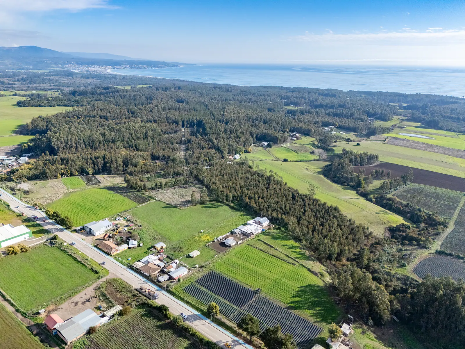 Campos y bosques de Chanco con la bahía al fondo