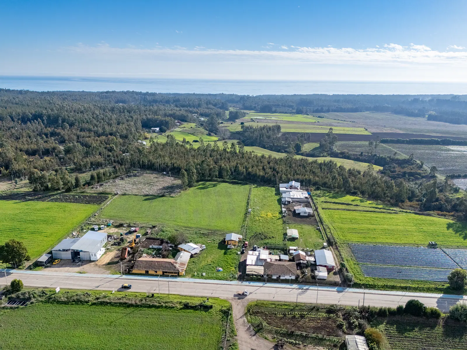 Casas y campos junto al camino asfaltado de Chanco
