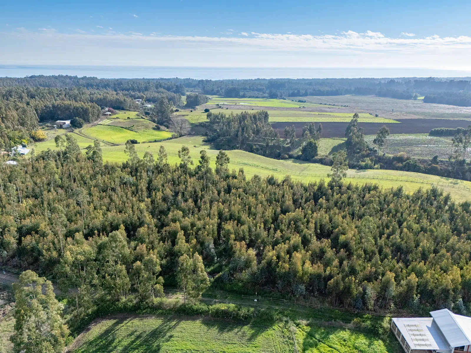 Vista aérea del valle y los campos de Chanco alrededor del loteo